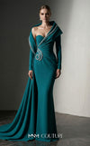 MNM Couture F03038 crepe mermaid gown with crystal-beaded sweetheart neckline, radial side-hip draping, off-shoulder sleeves, and dramatic side train | Couture Shop LA.