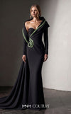 MNM Couture F03038 crepe mermaid gown with crystal-beaded sweetheart neckline, radial side-hip draping, off-shoulder sleeves, and dramatic side train | Couture Shop LA.