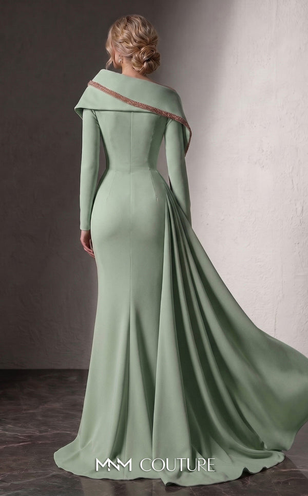 MNM Couture F03038 crepe mermaid gown with crystal-beaded sweetheart neckline, radial side-hip draping, off-shoulder sleeves, and dramatic side train | Couture Shop LA.