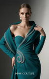 MNM Couture F03038 crepe mermaid gown with crystal-beaded sweetheart neckline, radial side-hip draping, off-shoulder sleeves, and dramatic side train | Couture Shop LA.