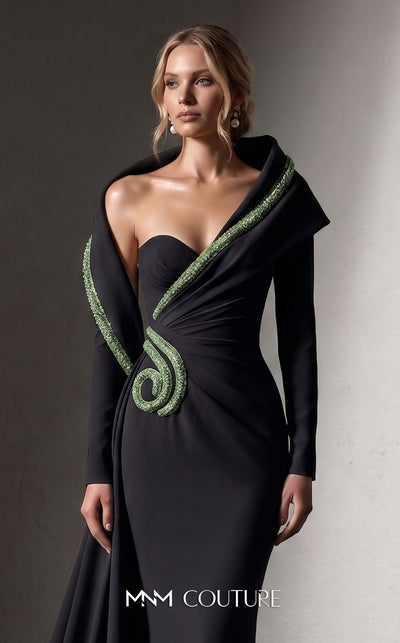 MNM Couture F03038 crepe mermaid gown with crystal-beaded sweetheart neckline, radial side-hip draping, off-shoulder sleeves, and dramatic side train | Couture Shop LA.