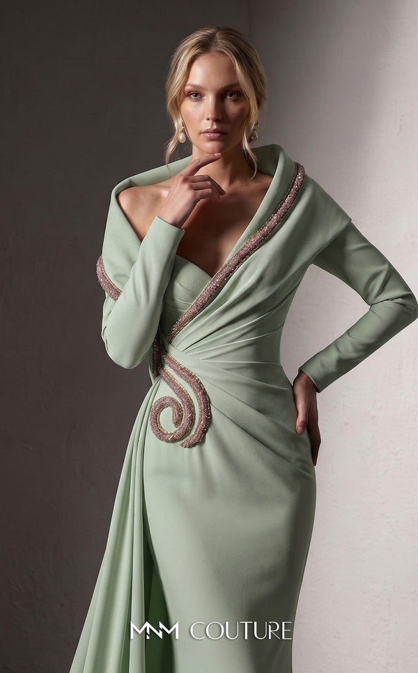MNM Couture F03038 crepe mermaid gown with crystal-beaded sweetheart neckline, radial side-hip draping, off-shoulder sleeves, and dramatic side train | Couture Shop LA.