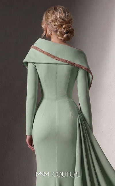 MNM Couture F03038 crepe mermaid gown with crystal-beaded sweetheart neckline, radial side-hip draping, off-shoulder sleeves, and dramatic side train | Couture Shop LA.