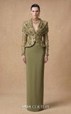 MNM Couture F03047 two-piece floral lace blazer jacket and column skirt set with deep V plunge, structured lapels, and bead sequin embroidery | Couture Shop LA.