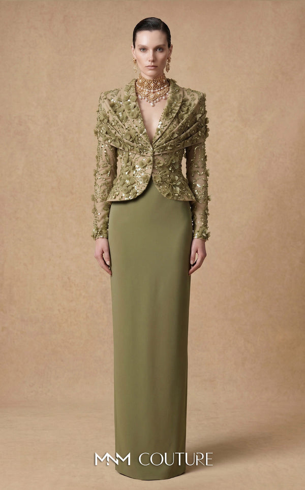 MNM Couture F03047 two-piece floral lace blazer jacket and column skirt set with deep V plunge, structured lapels, and bead sequin embroidery | Couture Shop LA.