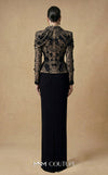MNM Couture F03047 two-piece floral lace blazer jacket and column skirt set with deep V plunge, structured lapels, and bead sequin embroidery | Couture Shop LA.
