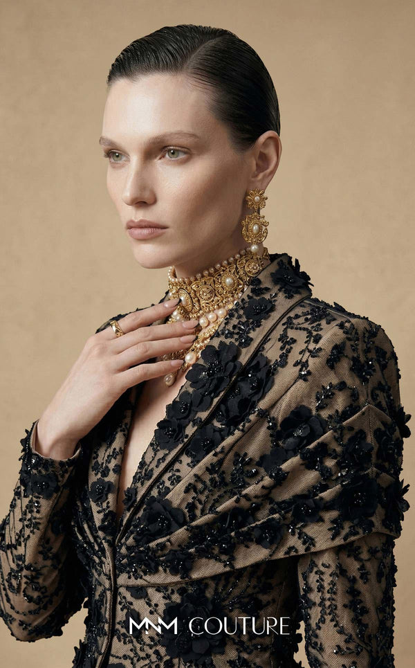 MNM Couture F03047 two-piece floral lace blazer jacket and column skirt set with deep V plunge, structured lapels, and bead sequin embroidery | Couture Shop LA.
