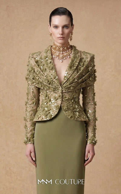 MNM Couture F03047 two-piece floral lace blazer jacket and column skirt set with deep V plunge, structured lapels, and bead sequin embroidery | Couture Shop LA.