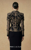 MNM Couture F03047 two-piece floral lace blazer jacket and column skirt set with deep V plunge, structured lapels, and bead sequin embroidery | Couture Shop LA.