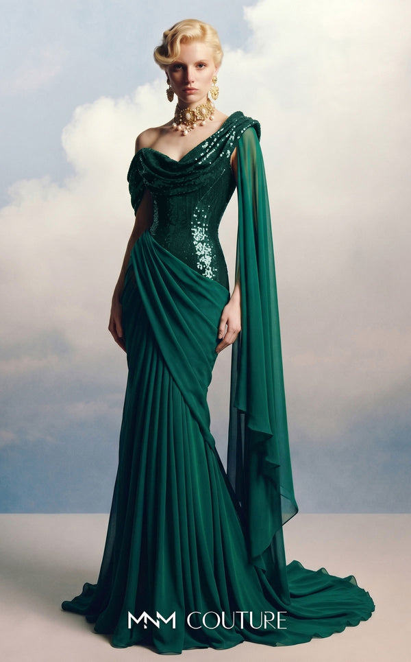 MNM Couture F03048 sequin off-shoulder fitted mermaid gown with cascading chiffon cape drape over one shoulder | Couture Shop LA.