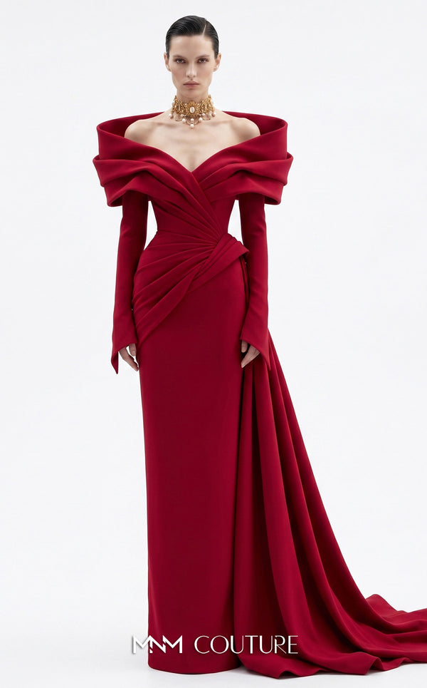 MNM Couture F03049 off-shoulder crepe column gown with sculptural draped wrap collar, sweetheart neckline, side-hip drape, and sweeping side train | Couture Shop LA.