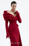 MNM Couture F03049 off-shoulder crepe column gown with sculptural draped wrap collar, sweetheart neckline, side-hip drape, and sweeping side train | Couture Shop LA.
