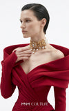 MNM Couture F03049 off-shoulder crepe column gown with sculptural draped wrap collar, sweetheart neckline, side-hip drape, and sweeping side train | Couture Shop LA.