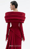 MNM Couture F03049 off-shoulder crepe column gown with sculptural draped wrap collar, sweetheart neckline, side-hip drape, and sweeping side train | Couture Shop LA.