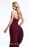 MNM Couture F03061 royal blue crepe strapless mermaid gown with diagonal burgundy bead-trimmed neckline, sculptural spiral right-hip drape, open back, and long sweeping train | Couture Shop LA.