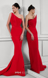 Stunning red rayon crepe gown with an asymmetric neckline, intricate bead embroidery, peplum detail, and long train. | Couture Shop LA