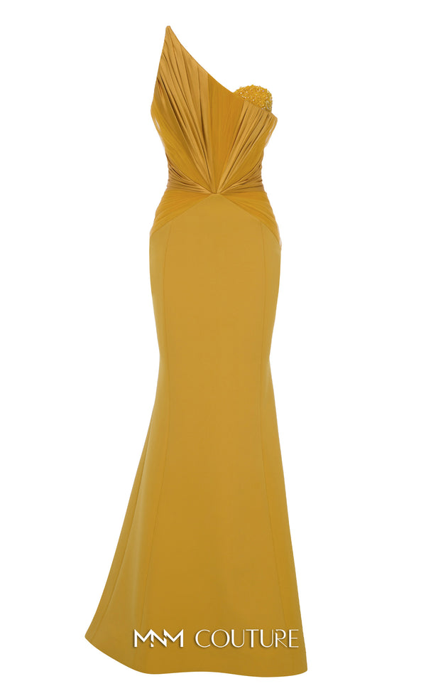 Stunning red rayon crepe gown with an asymmetric neckline, intricate bead embroidery, peplum detail, and long train. | Couture Shop LA