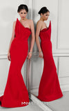 Stunning red rayon crepe gown with an asymmetric neckline, intricate bead embroidery, peplum detail, and long train. | Couture Shop LA