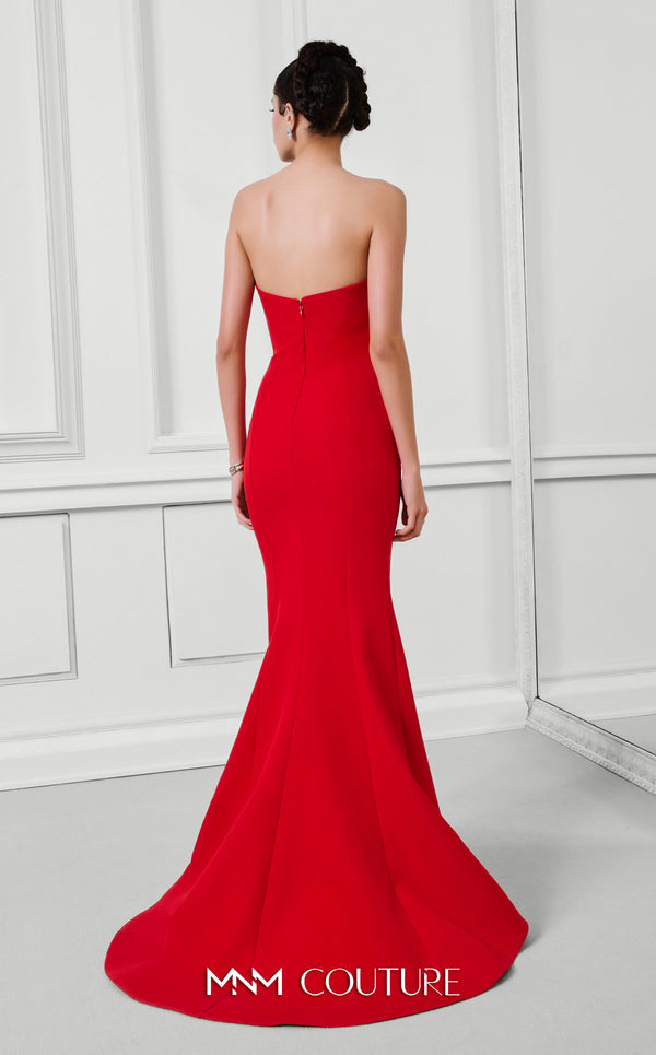 Stunning red rayon crepe gown with an asymmetric neckline, intricate bead embroidery, peplum detail, and long train. | Couture Shop LA