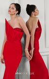 Stunning red rayon crepe gown with an asymmetric neckline, intricate bead embroidery, peplum detail, and long train. | Couture Shop LA