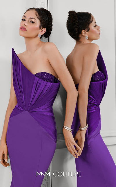 Stunning red rayon crepe gown with an asymmetric neckline, intricate bead embroidery, peplum detail, and long train. | Couture Shop LA