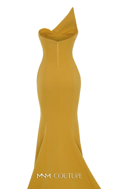 Stunning red rayon crepe gown with an asymmetric neckline, intricate bead embroidery, peplum detail, and long train. | Couture Shop LA