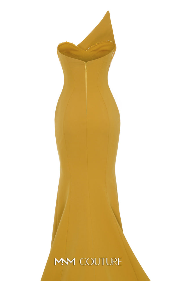 Stunning red rayon crepe gown with an asymmetric neckline, intricate bead embroidery, peplum detail, and long train. | Couture Shop LA