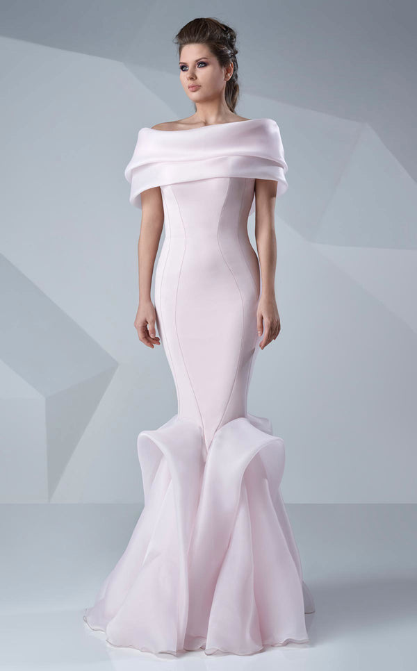 A refined MNM Couture G0620 mermaid gown with off-shoulder sleeves, ruched detailing, and a contoured silhouette for impactful elegance. | Couture Shop LA