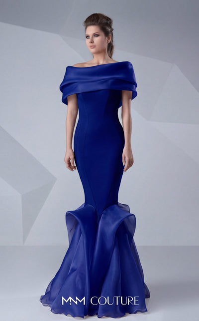 A refined MNM Couture G0620 mermaid gown with off-shoulder sleeves, ruched detailing, and a contoured silhouette for impactful elegance. | Couture Shop LA