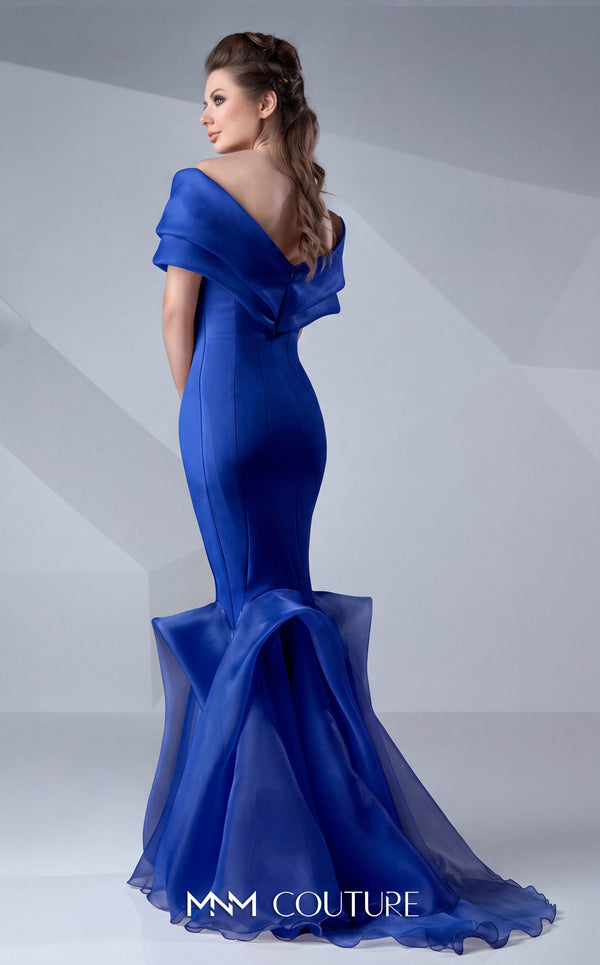 A refined MNM Couture G0620 mermaid gown with off-shoulder sleeves, ruched detailing, and a contoured silhouette for impactful elegance. | Couture Shop LA