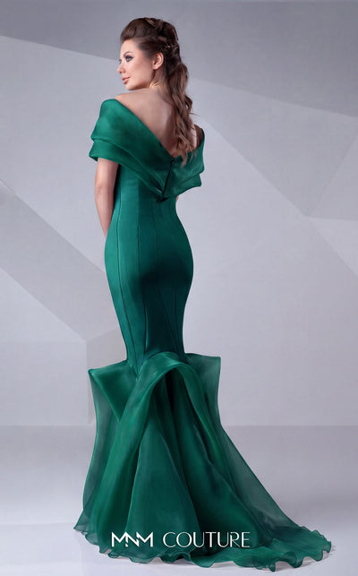A refined MNM Couture G0620 mermaid gown with off-shoulder sleeves, ruched detailing, and a contoured silhouette for impactful elegance. | Couture Shop LA