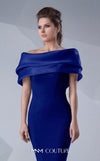 A refined MNM Couture G0620 mermaid gown with off-shoulder sleeves, ruched detailing, and a contoured silhouette for impactful elegance. | Couture Shop LA
