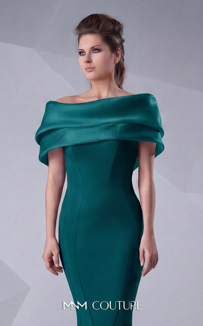 A refined MNM Couture G0620 mermaid gown with off-shoulder sleeves, ruched detailing, and a contoured silhouette for impactful elegance. | Couture Shop LA