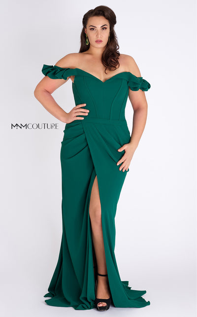 MNM Couture G0665 off-shoulder gown with ruffled straps, corset bodice, and crossover waist gathers. | Couture Shop LA