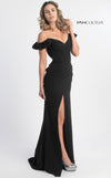 MNM Couture G0665 off-shoulder gown with ruffled straps, corset bodice, and crossover waist gathers. | Couture Shop LA