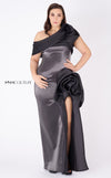 MNM Couture G0935 eighties-inspired gown with off-shoulder ruffles, flower detail, and thigh slit. | Couture Shop LA