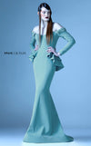 MNM Couture G0936 green mermaid gown with peplum detail and long sleeves | Couture Shop LA