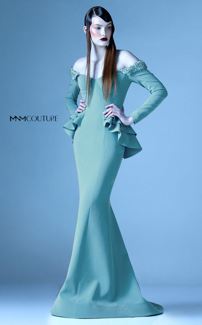 MNM Couture G0936 green mermaid gown with peplum detail and long sleeves | Couture Shop LA