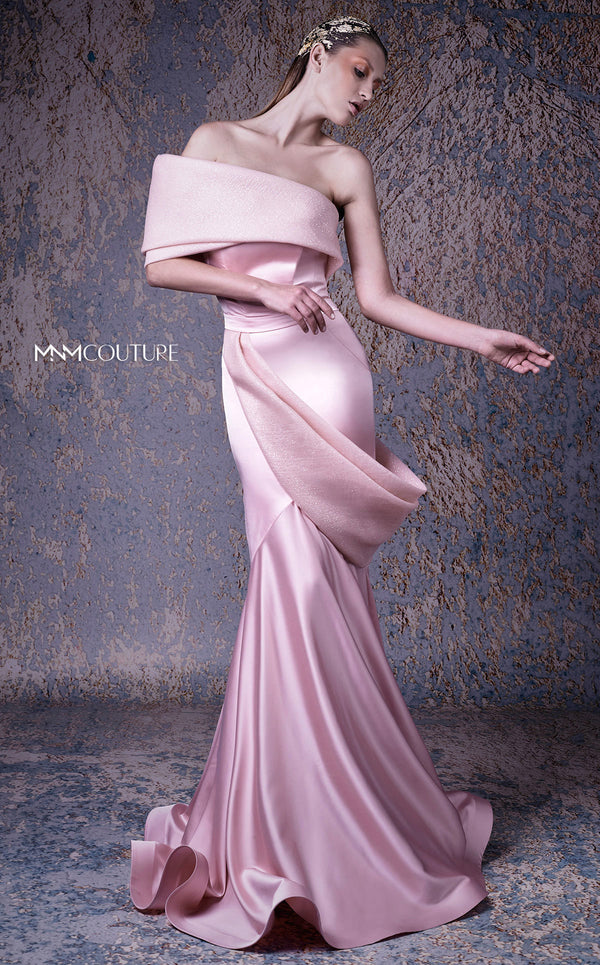 MNM Couture G1038 satin mermaid gown with straight-across neckline, off-shoulder bust drape, intricate pleating, and voluminous satin skirt | Couture Shop LA.