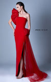 MNM Couture G1096 one-shoulder gown with ruched sleeve, sheer train, and side slit detail. | Couture Shop LA