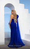 MNM Couture G1211 one-shoulder gown with puffball details, sheer flowing sleeve, and mermaid skirt. | Couture Shop LA