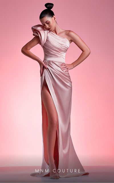 MNM Couture G1217 one-shoulder gown with ruched bodice, puffy shoulder, and high slit design. | Couture Shop LA