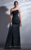 MNM Couture G1251 asymmetrical strapless gown with sequin fabric and off-center slit. | Couture Shop LA