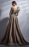 MNM Couture G1260 strapless metallic ball gown with bow design and flowing taffeta skirt. | Couture Shop LA