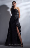 MNM Couture G1261 sequin dress with one-shoulder satin collar and statement ruffle details. | Couture Shop LA