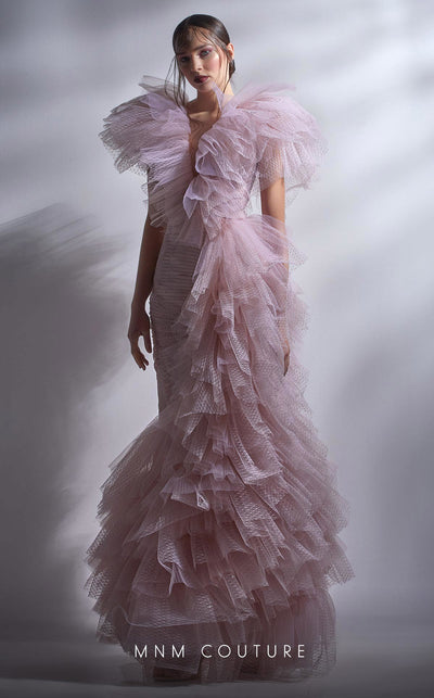 MNM Couture G1289 fitted gown with deep V-neck, lace ruffle details, and tulle-draped skirt. | Couture Shop LA