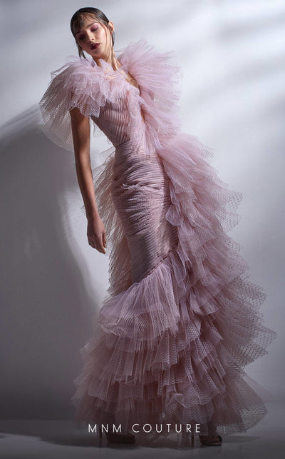 MNM Couture G1289 fitted gown with deep V-neck, lace ruffle details, and tulle-draped skirt. | Couture Shop LA