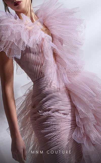 MNM Couture G1289 fitted gown with deep V-neck, lace ruffle details, and tulle-draped skirt. | Couture Shop LA
