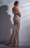 MNM Couture G1290 fitted dress with sequin fabric, boned corset, and off-center slit design. | Couture Shop LA