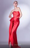 MNM Couture G1307 satin dress with draped strapless bodice and an elegantly crafted side slit design. | Couture Shop LA